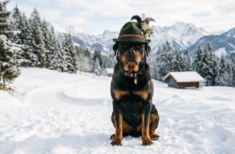 Rottweiler wearing a German cap against a backdrop of mountains