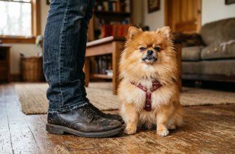 The Pomeranian sits next to its owner and guards him.