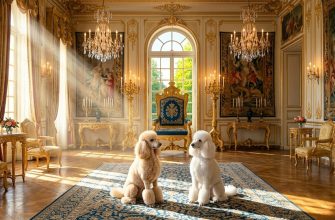 Two poodles sit next to a throne in a castle. Especially for the article: Female Names for Poodles