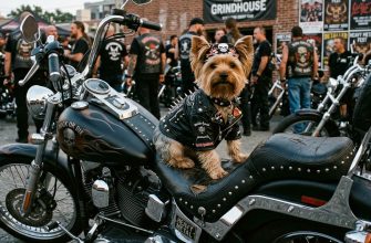 A Yorkshire Terrier sits on a motorcycle at a heavy metal gathering.