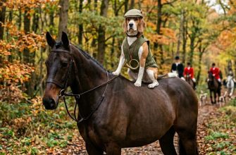 A male beagle sits on a horse while hunting